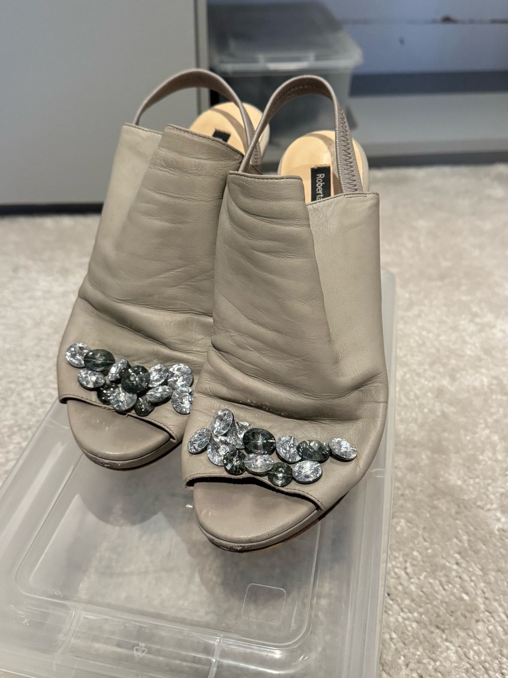 Roberto Cavalli Taupe Leather Open-Toe Slingback Mules with Crystal Accents